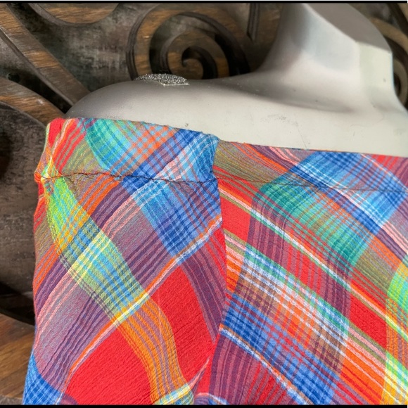 Ralph Lauren 90s y2k Plaid Off Shoulder Blouse Colorful Checkered Preppy - Picture 9 of 16